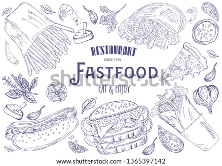 Vector illustration sketch - fish marketCard menu seafood on black background. vintage design template, banner.