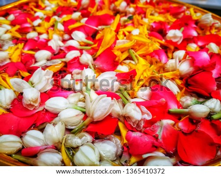 Water bowl decorating with jasmine and Thai traditional various colorful flowers for special occasion, ceremony, wedding, good merit, religious day and Songkran festival tradition of thailand