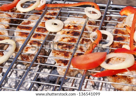 Appetizing roasted meat barbecue with fresh vegetables