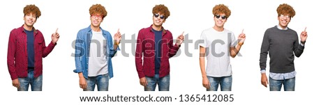 Collage of young business man wearing glasses over isolated white background with a big smile on face, pointing with hand and finger to the side looking at the camera.