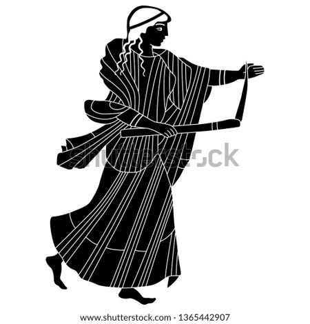 Isolated vector illustration. Ancient Greek running girl with a torch. Black and white linear silhouette. Vase painting motif.