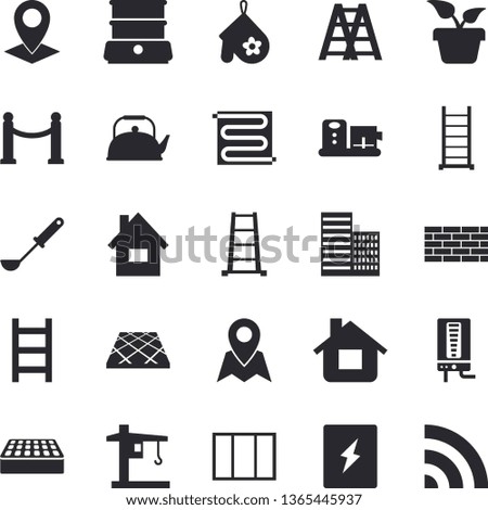Solid vector icon set - house flat vector, brick wall, window, ladder, skyscraper, switch box, flooring, warm floor, boiler, teapot, potholder, ladle, double, food processor, home plant, crane