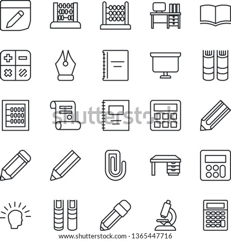 Thin Line Icon Set - book vector, calculator, abacus, desk, presentation board, pencil, contract, microscope, notes, copybook, paper clip, ink pen, shining head
