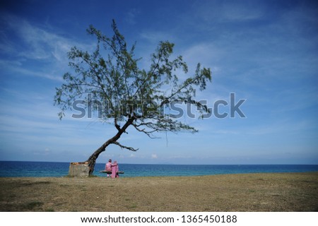 A new wedding couple resting under a tree at the side of beach with beautiful view of the blue sky, blue water and clean area.