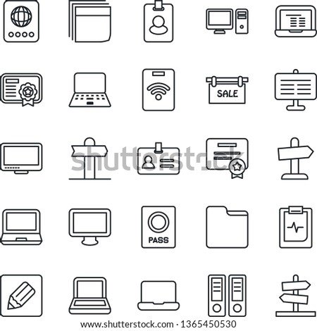 Thin Line Icon Set - passport vector, identity, office binder, notebook pc, pulse clipboard, signpost, monitor, laptop, folder, notes, presentation board, blank box, sale, pass card, certificate