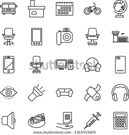 Thin Line Icon Set - airport bus vector, globe, building, office chair, document, fireplace, syringe, bike, satellite, route, camera, cell phone, headphones, mobile, back, torch, eye id, calendar