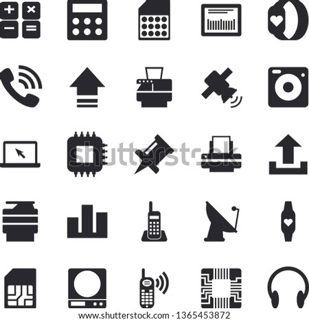 Solid vector icon set - weighing machine flat vector, satellite antenna, motherboard, SIM card, phone call, barcode, calculator, statistic, telephone, printer, copy, laptop, satellit, upload, camera