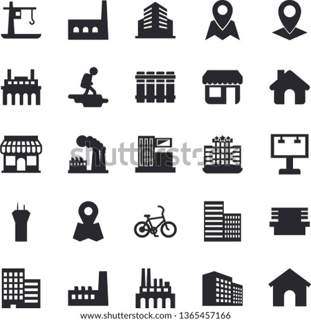 Solid vector icon set - house flat vector, skyscraper, heating batteries, bench, gas station, factory, manufactory, plant, crane, store front, billboard, location, office building, hike, bicycle