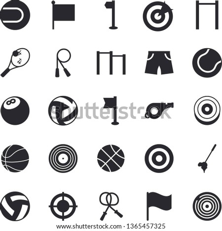 Solid vector icon set - flag flat vector, target, whistle, bowling ball, basketball, volleyball, skipping rope, parallel bars, athletic shorts, sports, tennis, fector, golf