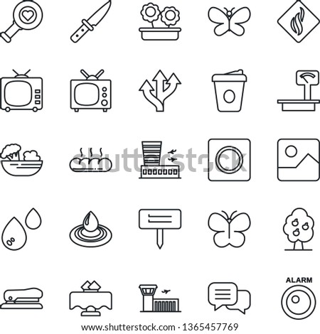 Thin Line Icon Set - airport building vector, coffee, butterfly, plant label, heart diagnostic, route, heavy scales, tv, dialog, gallery, record, stapler, fruit tree, flower in pot, restaurant table