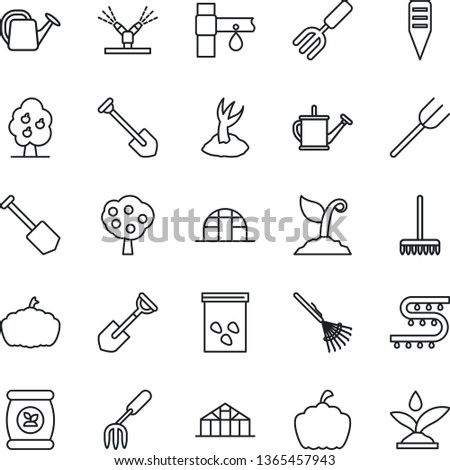 Thin Line Icon Set - job vector, garden fork, shovel, farm, rake, watering can, sproute, plant label, pumpkin, greenhouse, seeds, fertilizer, drip irrigation, fruit tree