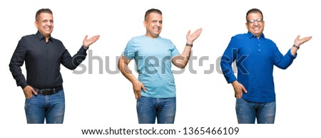 Composition of arab middle age man over isolated background smiling cheerful presenting and pointing with palm of hand looking at the camera.