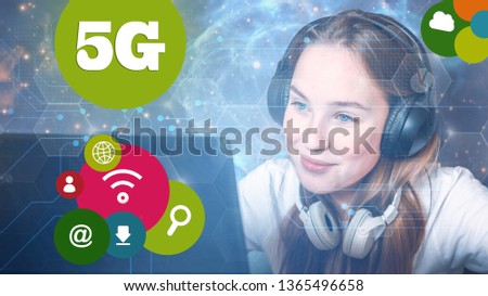 5G network digital hologram and internet of things on city background.5G network wireless systems
