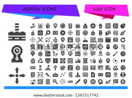 arrow icon set. 120 filled arrow icons.  Collection Of - North pole, Directions, Clocks, Earth, Pins, Clock, Map, Wall clock, Recycling, Server, Upload, Rewind, Sales, Browser