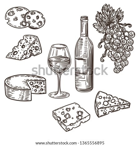 Vector hand drawn of wine, cheese and grapes in the engraving style isolated on white background.