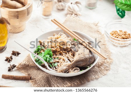 Delicious duck noodle soup. Traditional Thai dish