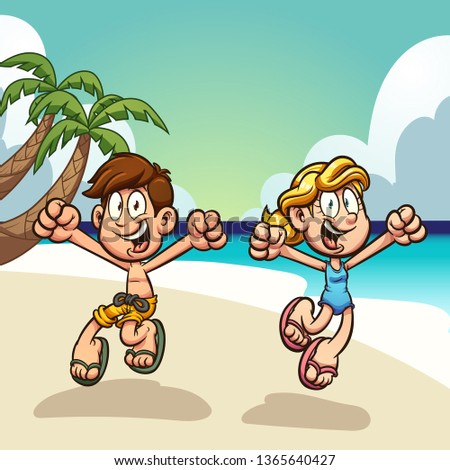 Cartoon kids enjoying summer vacations on the beach clip art. Vector illustration with simple gradients. Some elements on separate layers. 
