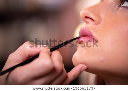 Makeup artist applies pink gloss lipstick . Beautiful woman face. Hand of make-up master, painting lips of young beauty model girl. Make up in process