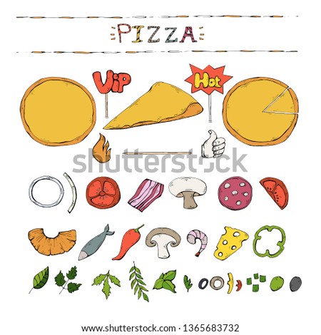 Vector pizza set,collection over white.Pizza ingredient illustration pictogram ,sign,icon,symbol clip art collection isolated.Fast food object clip art in doodle style design.Italian food.For cooking 