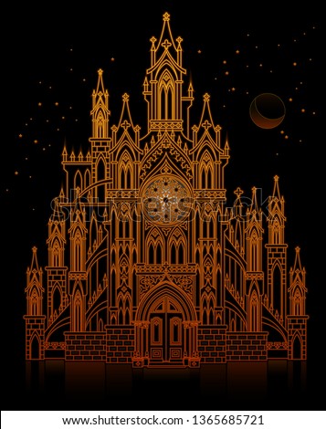 Illustration of fantasy fairyland medieval castle at night. Gothic architectural style with pointed arch. Cover for baby fairy tale book. Modern print. Middle ages in Western Europe. Vector image. Royalty-Free Stock Photo #1365685721