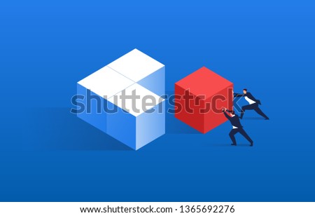 Merging, two merchants push the red squares and other squares together Royalty-Free Stock Photo #1365692276