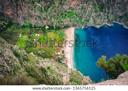 Aerial view of Butterfly valley deep gorge, Oludeniz, Fethiye, Mugla,Turkey.  Lycian way. Summer and holiday concept. (Kelebekler Vadisi)