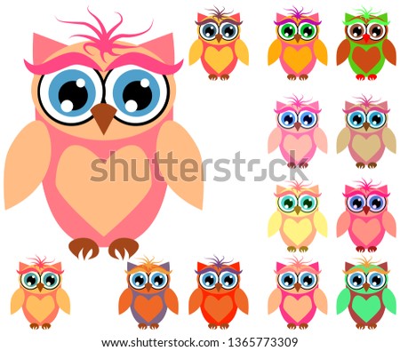 Large set of cute multicolored cartoon owls for children, different designs, trendy coral color included
