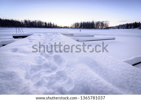 The ice lake and forest has covered with heavy snow and nice blue sky in winter season at Holiday Village Kuukiuru, Finland.