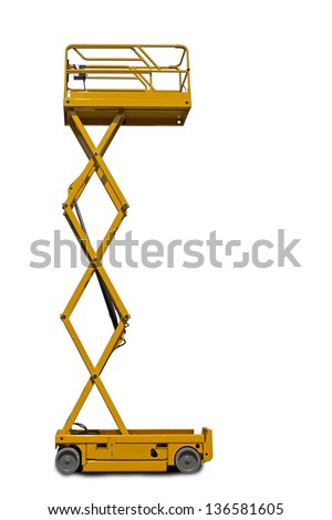 A large yellow extended  scissor lift platform over white. Royalty-Free Stock Photo #136581605