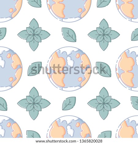 Cute seamless pattern with green plants, leaves and planets Earth. White background. Flat linear style illustration. Vector.