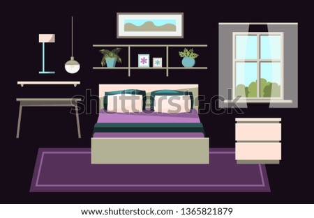 Cosy bedroom interior constructor clip art set with furniture - bed, nightstand, window with curtains, table, shelf, lamp, picture, plant, photo frame, carpet. Modern flat style vector, isolated.