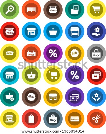 White Solid Icon Set- house hold vector, cart, credit card, office, cargo search, estate document, rooms signboard, low price, sale, new, shopping bag, percent, market, store, buy, barcode, basket