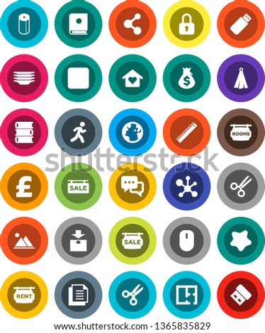 White Solid Icon Set- splotch vector, plates, toilet paper, towel, book, ruler, scissors, molecule, money bag, pound, run, earth, document, package, dialog, stop button, mountain, plan, rent, rooms