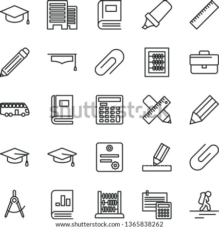 thin line vector icon set - clip vector, briefcase, graphite pencil, yardstick, new abacus, buildings, writing accessories, drawing, calculation, square academic hat, scribed compasses, graduate