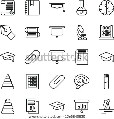 thin line vector icon set - clip vector, book, new abacus, stacking rings, toy, books, notebook, square academic hat, flask, research article, scientific publication, presentation, test tube, brain