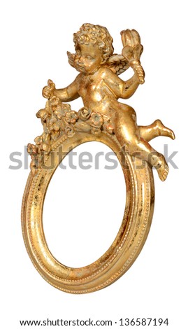 Oval baroque gold frame with cupid isolated on white with clipping path.