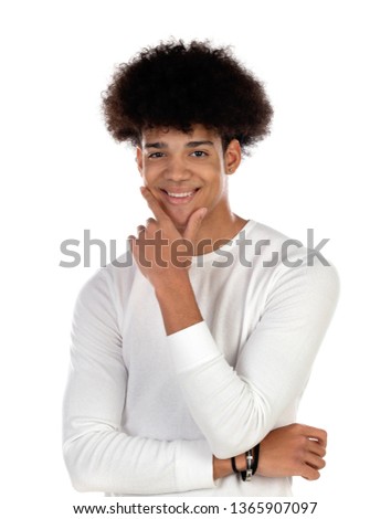 Pensive teenager boy wiht afro hairstyle isolate on a white background