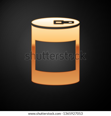 Gold Canned food icon isolated on black background. Food for animals. Pet food can. Vector Illustration
