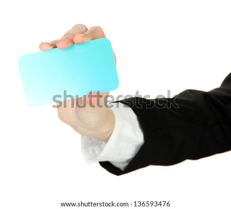 Business card in female hand, isolated on white