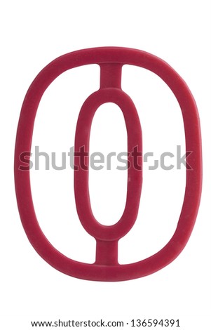 Plastic alphabet letter number 0 on white background with work path