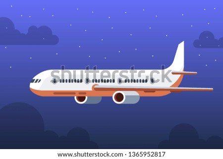 Flying airplane. International transportation concept. Night sky, stars and clouds on the background. Vector illustration.