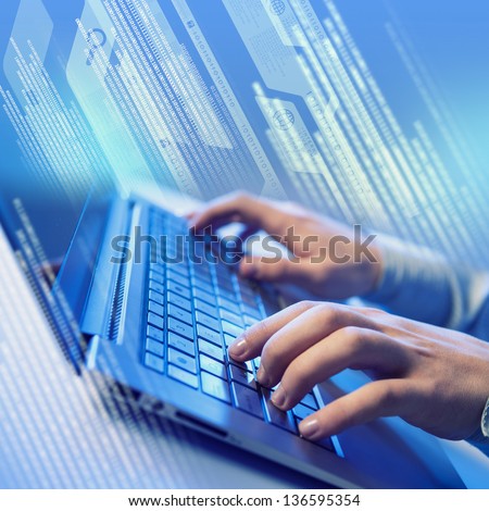 Hands of a young man on the keyboard with the elements. Collage. Royalty-Free Stock Photo #136595354
