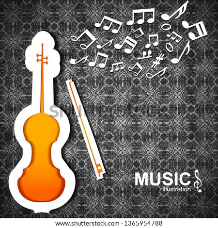 Music dark textured background with bright violin bow and white notes flat vector illustration