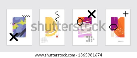 Set of artistic abstract universal card templates with simple geometric shapes and hand drawn doodle texture. Social media web banner. Bright colored isolated on white background cover template.