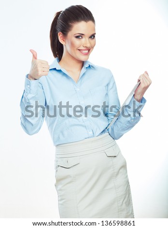 Woman hold white paper banner isolated over white background . Business girl.