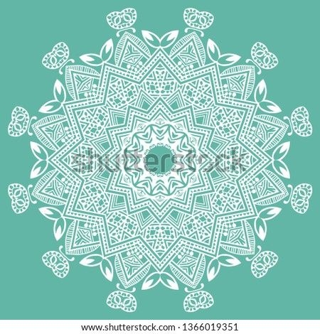 Mandala isolated design element, geometric line pattern. Stylized floral round ornament. Doodle art for textile fabric or paper print. Hand drawn vector illustration. Lace background