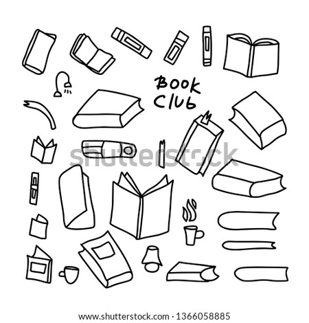 Book club concept. Book set in doodle style. Symbols of reading on white background. Vector black and white design illustration.