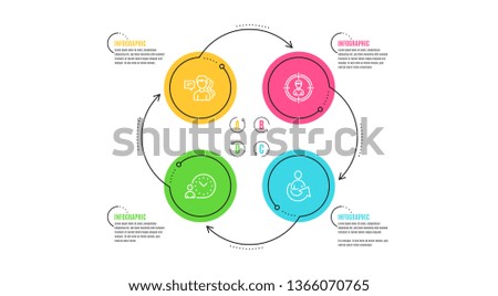 People, Headhunting and Time management icons simple set. Infographic timeline. Share sign. Support job, Person in target, Work time. Referral person. People set. Cycle infographic. Vector