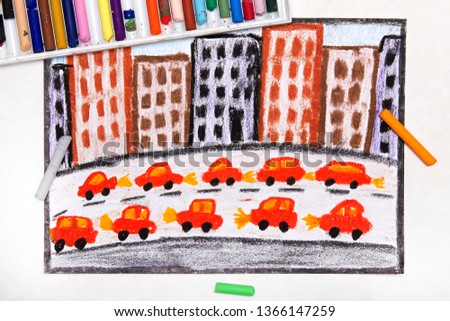 Colorful drawing: Big city and highway. Cars next to blocks of flats