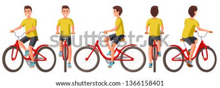Vector illustration of young man in casual clothes riding bicycle .Cartoon realistic people illustration.Flat young man.Front, side and back views. Isometric views. Sportive man. Training, bike.